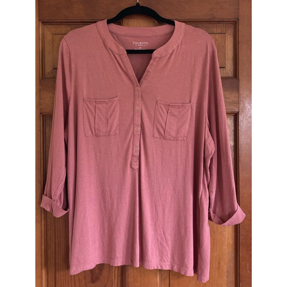Talbots Womens 2X Mauve Pink Roll Tab Sleeve Henley Pocket Knit Top Casual Work